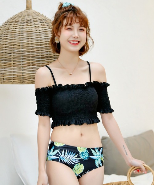 TeddyShop（テディショップ）の「レディース水着 オフショル風2WAYシャーリングフリルビキニ 2点セット（水着・レディース・ブルーグレー/ブラックミックス/ダークネイビー/グリーン/ブラック/ブラウン系その他/ネイビー/ブラウン/ブラック系その他・S/L/M/XL）」の20枚目の写真