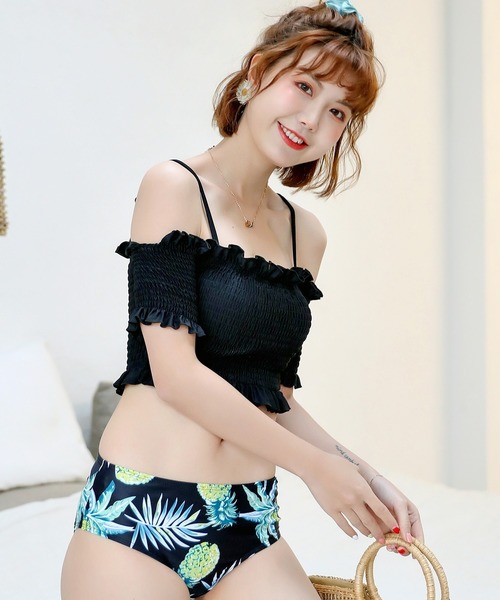 TeddyShop（テディショップ）の「レディース水着 オフショル風2WAYシャーリングフリルビキニ 2点セット（水着・レディース・ブルーグレー/ブラックミックス/ダークネイビー/グリーン/ブラック/ブラウン系その他/ネイビー/ブラウン/ブラック系その他・S/L/M/XL）」の22枚目の写真