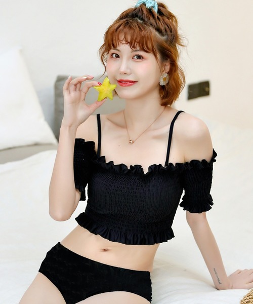 TeddyShop（テディショップ）の「レディース水着 オフショル風2WAYシャーリングフリルビキニ 2点セット（水着・レディース・ブルーグレー/ブラックミックス/ダークネイビー/グリーン/ブラック/ブラウン系その他/ネイビー/ブラウン/ブラック系その他・S/L/M/XL）」の10枚目の写真