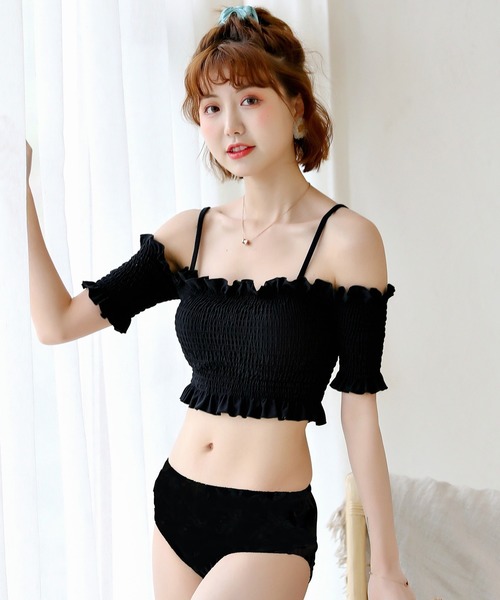 TeddyShop（テディショップ）の「レディース水着 オフショル風2WAYシャーリングフリルビキニ 2点セット（水着・レディース・ブルーグレー/ブラックミックス/ダークネイビー/グリーン/ブラック/ブラウン系その他/ネイビー/ブラウン/ブラック系その他・S/L/M/XL）」の12枚目の写真