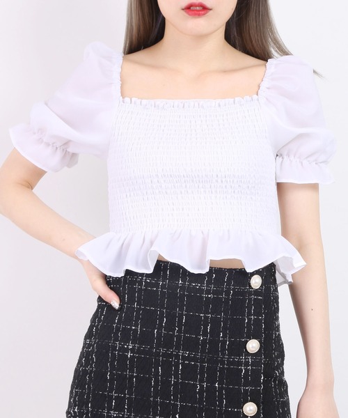 WC(ダブル シー)の「シャーリング半袖ブラウス(シャツ/ブラウス・レディース・ホワイト/ブラック・FREE)」の8枚目の写真