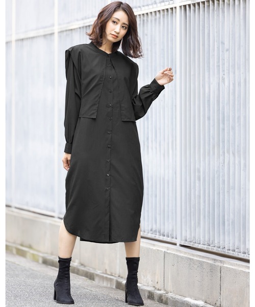 mili an deni(ミリアンデニ)の「サイドリボンケープカラーシャツワンピース(シャツワンピース・レディース・ブラック/アッシュグレー・M)」の3枚目の写真