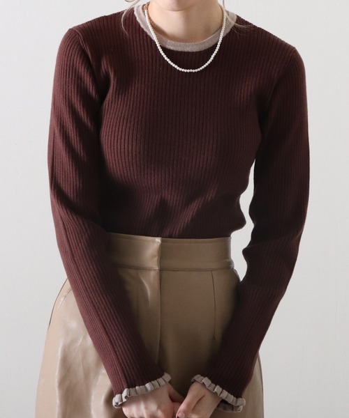 Cheek(チーク)の「袖口フリル配色リブニット(Tシャツ/カットソー・レディース・ブラウン/ブラック/グレイッシュベージュ・MEDIUM)」の5枚目の写真