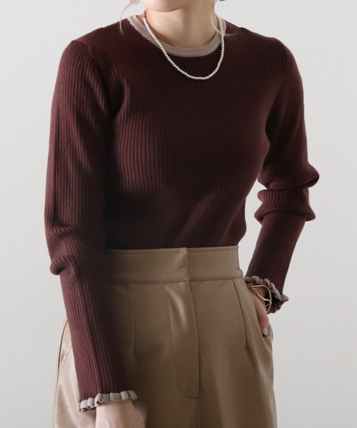 Cheek(チーク)の「袖口フリル配色リブニット(Tシャツ/カットソー・レディース・ブラウン/ブラック/グレイッシュベージュ・MEDIUM)」の16枚目の写真