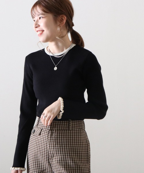 Cheek(チーク)の「袖口フリル配色リブニット(Tシャツ/カットソー・レディース・ブラウン/ブラック/グレイッシュベージュ・MEDIUM)」の17枚目の写真