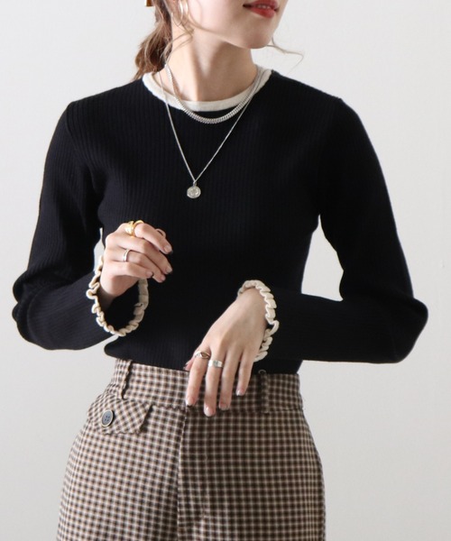 Cheek(チーク)の「袖口フリル配色リブニット(Tシャツ/カットソー・レディース・ブラウン/ブラック/グレイッシュベージュ・MEDIUM)」の21枚目の写真