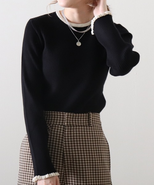 Cheek(チーク)の「袖口フリル配色リブニット(Tシャツ/カットソー・レディース・ブラウン/ブラック/グレイッシュベージュ・MEDIUM)」の11枚目の写真