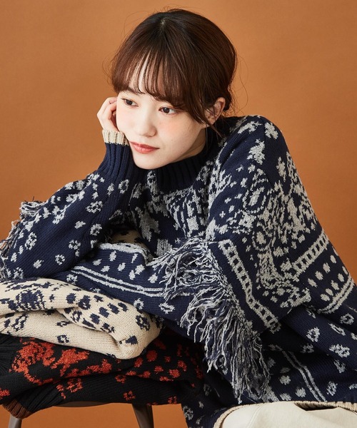 CUBE SUGAR(キューブシュガー)の「ジャガードニット ペイズリー柄 プルオーバー セーター(ニット/セーター・レディース・ブラック/ベージュ/ネイビー・M)」の3枚目の写真