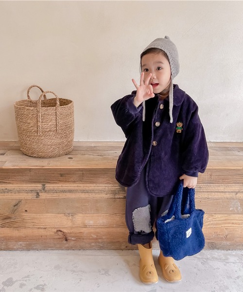 aimoha(アイモハ)の「【aimoha-KIDS-】子供服 クマ刺繍ボア裏地暖かい中ボアコーデュロイコート(ブルゾン・キッズ・ネイビー/ベージュ・130/90/80/100/120/110)」の4枚目の写真