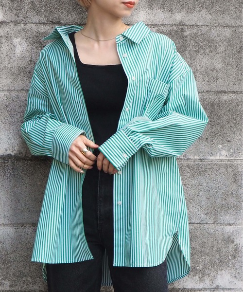 tiptop（ティップトップ）の「ストライプビッグシャツ（シャツ/ブラウス・レディース・ブラック/ピンク/ブルー/グリーン/グリーン系その他/ブラック系その他/オレンジ/パープル系その他/サックスブルー・FREE）」の14枚目の写真