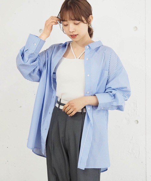 現行✨ティッカ　ストライプ　シャツ　ブラウス　フリーサイズ　ソメロス　青×白 セール】ストライプビッグシャツ（シャツ/ブラウス）｜tiptop