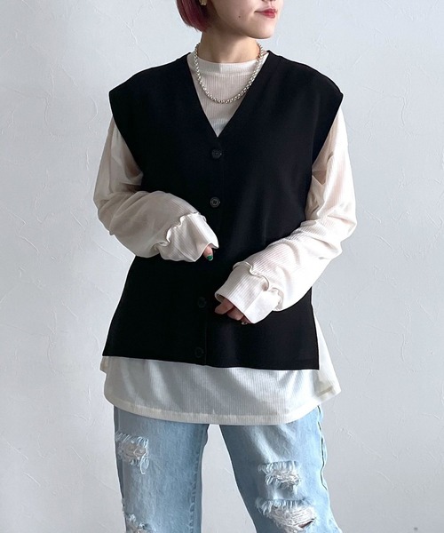 PAGEBOY（ページボーイ）の「Vネックカーデベスト（ベスト・レディース・ブラック/オフホワイト/グリーン・FREE）」の5枚目の写真
