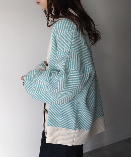 Riberry（リベリー）の「ジャガード深Vカーディガン（カーディガン/ボレロ・レディース・ブラック/ベージュ/ブルーグリーン・MEDIUM）」の7枚目の写真