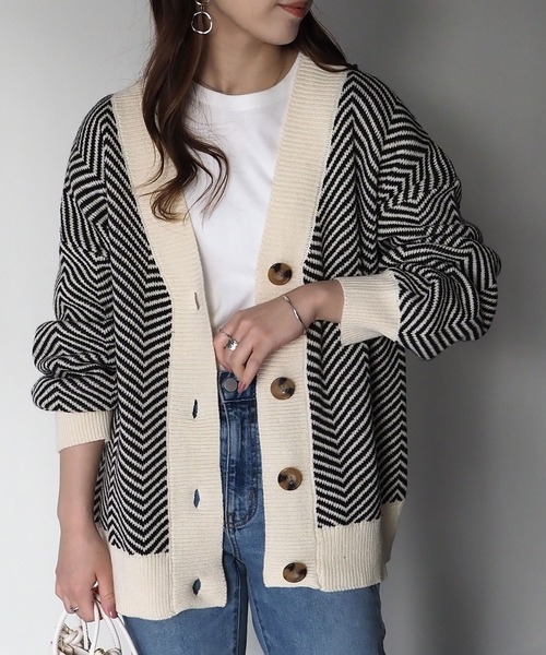 Riberry（リベリー）の「ジャガード深Vカーディガン（カーディガン/ボレロ・レディース・ブラック/ベージュ/ブルーグリーン・MEDIUM）」の18枚目の写真