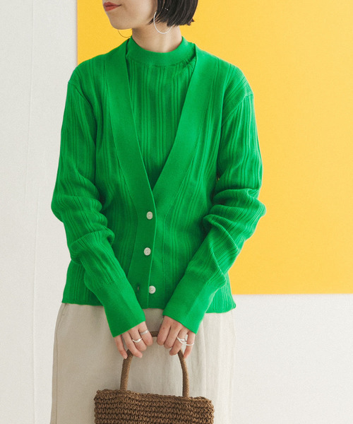 FORK&SPOON（フォークアンドスプーン）の「FORK&SPOON　ランダムリブニットカーディガン（カーディガン/ボレロ・レディース・グリーン/オフホワイト/ネイビー・ONE）」の2枚目の写真