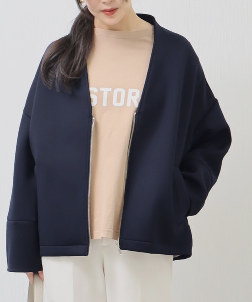 libelle more（リベル モア）の「ダンボールポンチ　コクーンジャケット（ノーカラージャケット・レディース・ブラック/アイボリー/ミント/グレイッシュベージュ/ネイビー/杢グレー・M/L）」の6枚目の写真