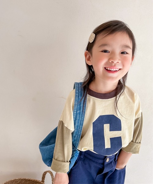 aimoha（アイモハ）の「aimoha-KIDS- 裾配色切り替えログプリントリンガーロングTEE（Tシャツ/カットソー・キッズ・ベージュ/ライトグレー・80/90/100/110/120/130）」の3枚目の写真