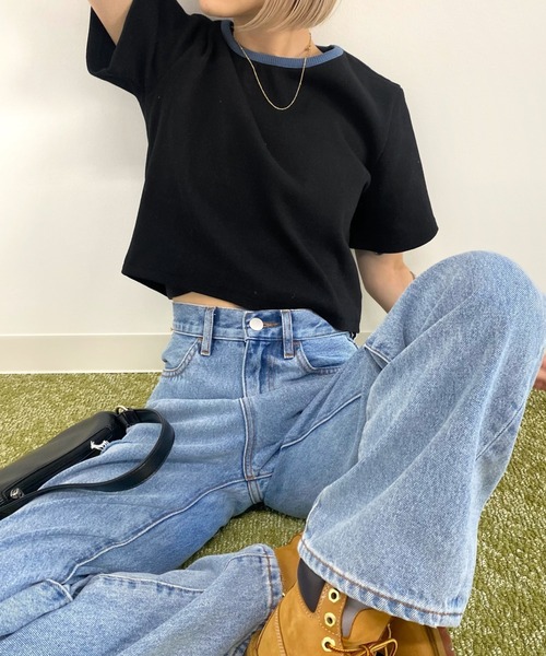 WHO'S WHO gallery（フーズフーギャラリー）の「リブバイカラートップス（Tシャツ/カットソー・レディース・ブラウン/オフホワイト/サックスブルー/ブラック・FREE）」の2枚目の写真