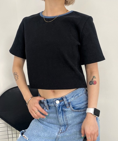 WHO'S WHO gallery（フーズフーギャラリー）の「リブバイカラートップス（Tシャツ/カットソー・レディース・ブラウン/オフホワイト/サックスブルー/ブラック・FREE）」の9枚目の写真