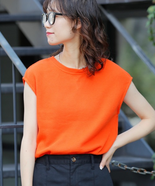 CIAOPANIC TYPY（チャオパニックティピー）の「▽2WAYさらさらワッフルノースリーブTEE（Tシャツ/カットソー・レディース・ピンク/ブラック/オレンジ/ホワイト/ライトグレー・ONE SIZE）」の5枚目の写真