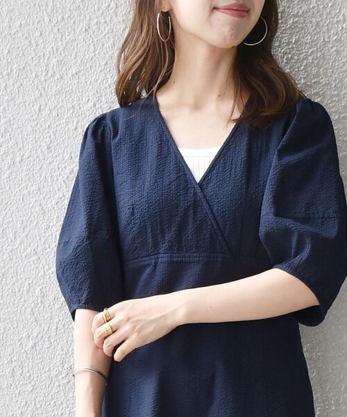 SHIPS any（シップス エニィ）の「SHIPS any:〈ウォッシャブル〉ミニ サッカー カシュクール ワンピース◇（ワンピース・レディース・ネイビー/オレンジ・ONE SIZE）」の5枚目の写真