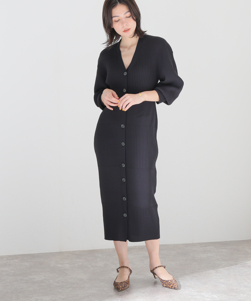 美品　NOBLE 2023ss ランダムリブマーメイドニットワンピース WEB限定追加》【洗える】ランダムリブマーメイドニット