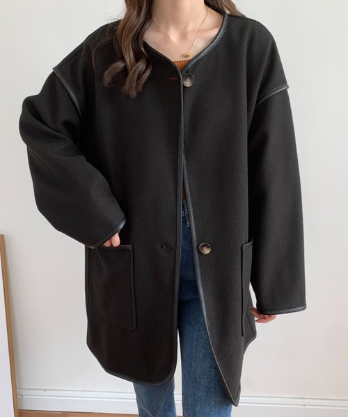 ABITOKYO（アビトーキョー）の「メルトンノーカラーパイピングコート（ノーカラーコート・レディース・モカ/カーキ/アイボリー/ブラック・FREE）」の3枚目の写真