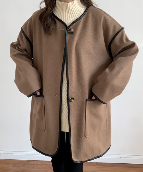 ABITOKYO（アビトーキョー）の「メルトンノーカラーパイピングコート（ノーカラーコート・レディース・モカ/カーキ/アイボリー/ブラック・FREE）」の4枚目の写真