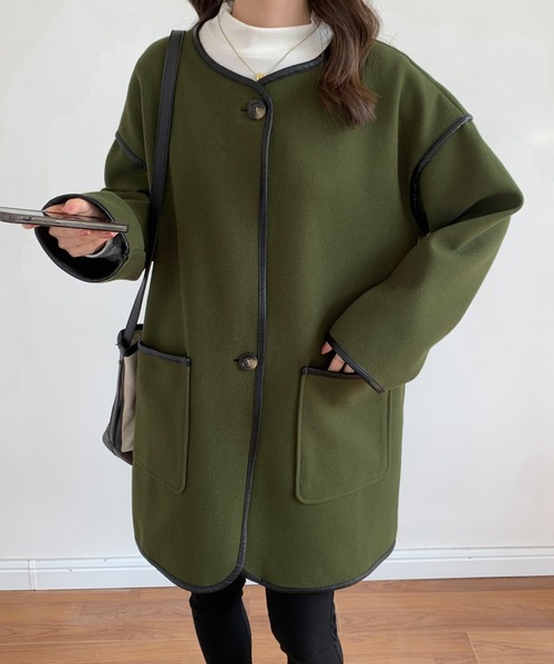 ABITOKYO（アビトーキョー）の「メルトンノーカラーパイピングコート（ノーカラーコート・レディース・モカ/カーキ/アイボリー/ブラック・FREE）」の6枚目の写真