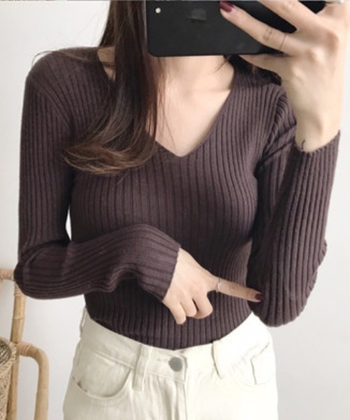 gossip！ロサンゼルス（ゴシップロサンゼルス）の「Vネックリブニット（ニット/セーター・レディース・ホワイト系その他/ベージュ/グレー/ピンク/ブラック/ブラウン/ワインレッド・FREE）」の6枚目の写真