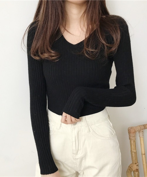 gossip！ロサンゼルス（ゴシップロサンゼルス）の「Vネックリブニット（ニット/セーター・レディース・ホワイト系その他/ベージュ/グレー/ピンク/ブラック/ブラウン/ワインレッド・FREE）」の4枚目の写真