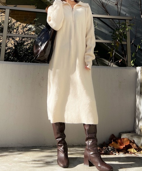 Lamoa（ラモア）の「Lamoa/ハーフジップ ルーズ ニットワンピース（ワンピース・レディース・ホワイト/ブラック/グレー・FREE）」の5枚目の写真