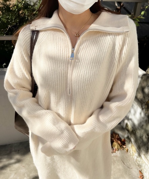 Lamoa（ラモア）の「Lamoa/ハーフジップ ルーズ ニットワンピース（ワンピース・レディース・ホワイト/ブラック/グレー・FREE）」の7枚目の写真