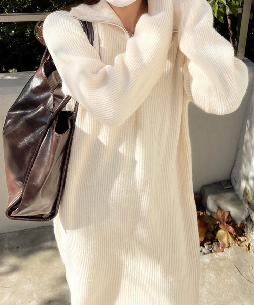 Lamoa（ラモア）の「Lamoa/ハーフジップ ルーズ ニットワンピース（ワンピース・レディース・ホワイト/ブラック/グレー・FREE）」の9枚目の写真