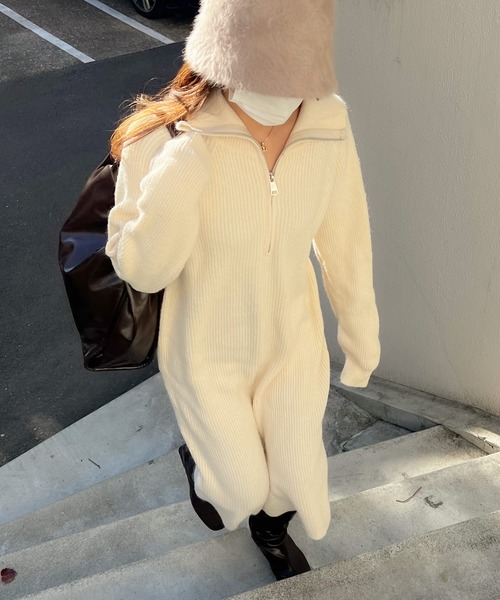 Lamoa（ラモア）の「Lamoa/ハーフジップ ルーズ ニットワンピース（ワンピース・レディース・ホワイト/ブラック/グレー・FREE）」の12枚目の写真