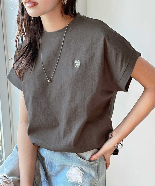 U.S. POLO ASSN.(ユーエスポロアッスン)の「GeeRA別注【新色追加】U.S. POLO ASSN.別注 綿100%フレンチスリーブオーバーサイズ刺繍Tシャツ(Tシャツ/カットソー・レディース・ピンク/ネイビー/オフホワイト/ブラック/グレイッシュベージュ/ブラック系その他/ホワイト系その他/チャコール・MEDIUM/LARGE/X-LARGE)」の6枚目の写真