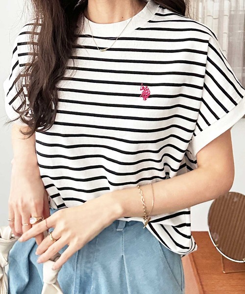 U.S. POLO ASSN.(ユーエスポロアッスン)の「GeeRA別注【新色追加】U.S. POLO ASSN.別注 綿100%フレンチスリーブオーバーサイズ刺繍Tシャツ(Tシャツ/カットソー・レディース・ピンク/ネイビー/オフホワイト/ブラック/グレイッシュベージュ/ブラック系その他/ホワイト系その他/チャコール・MEDIUM/LARGE/X-LARGE)」の16枚目の写真