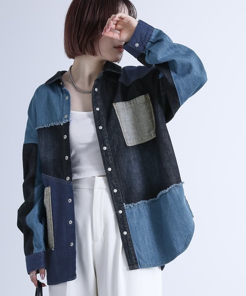 オシャレウォーカー【kohaku】デニムライトコート kOhAKUパッチワークコットンデニムシャツ』