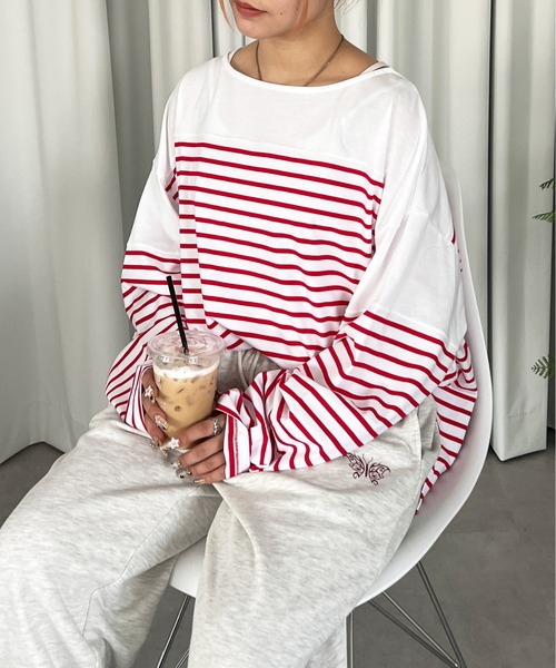 PairPair(ペアペア)の「ボーダーロンT(Tシャツ/カットソー・レディース・ブラック/レッド・FREE)」の1枚目の写真