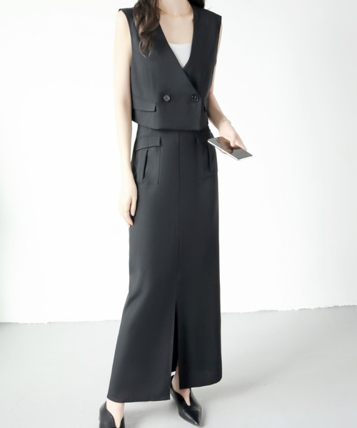 ECLIN(エクラン)の「ショートジャケット&フロントスリットロングスカートセットアップ(セットアップ・レディース・グレー/ベージュ/ブラック・S/M)」の9枚目の写真