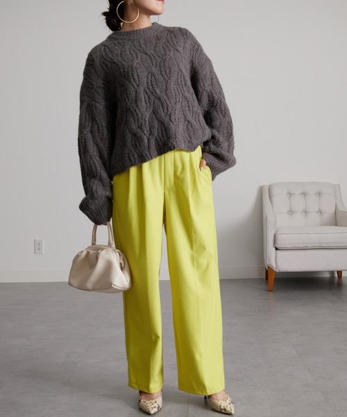 RANAN（ラナン）の「［3サイズ展開］あったか美脚見え2タックワイドパンツ（スラックス・レディース・イエロー/グレー/ブラック/オフホワイト・L/M/LL）」の17枚目の写真