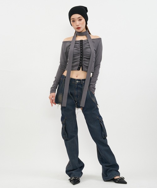 SPIRALGIRL（スパイラルガール）の「スカーフ付きコルセットホックデザイントップス（Tシャツ/カットソー・レディース・ブラック/グレー・FREE）」の12枚目の写真