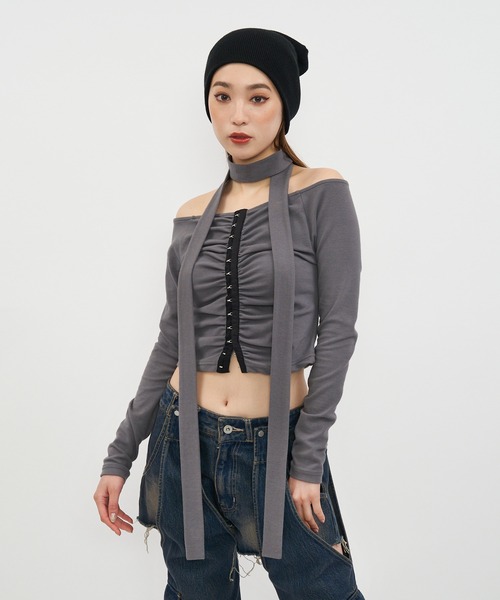 SPIRALGIRL（スパイラルガール）の「スカーフ付きコルセットホックデザイントップス（Tシャツ/カットソー・レディース・ブラック/グレー・FREE）」の19枚目の写真