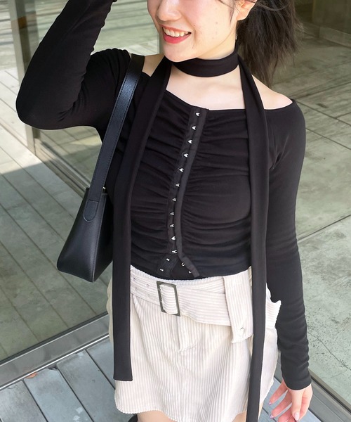 SPIRALGIRL（スパイラルガール）の「スカーフ付きコルセットホックデザイントップス（Tシャツ/カットソー・レディース・ブラック/グレー・FREE）」の11枚目の写真