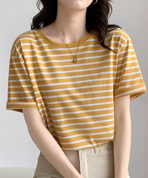 Lilamusant(リラミュゾン)の「【Un】【it】【Lilamusant(リラミュゾン)】リンガーネックボーダーTee(Tシャツ/カットソー・レディース・マスタード/ブルー/レッド/グリーン/ダークネイビー・FREE)」の4枚目の写真