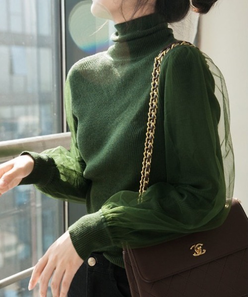 【セール】チュールかぶせデザインハイネックリブニット（ニット/セーター）｜deux amour（ドゥーザムール） 5,390円