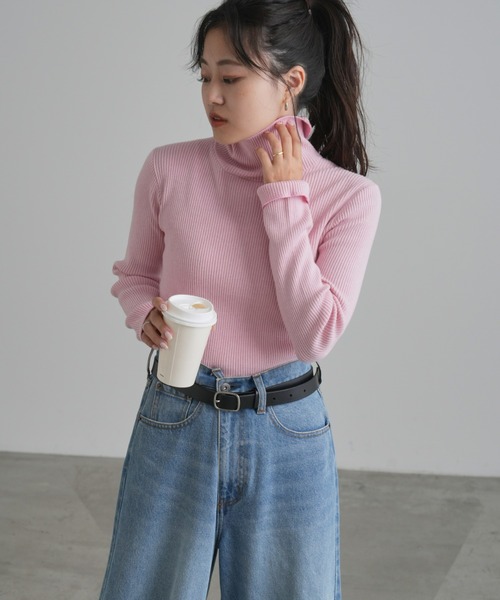 CIAOPANIC TYPY（チャオパニックティピー）の「アンチピリング配色ステッチタートルニット（ニット/セーター・レディース・イエロー/ライトグレー/グリーン/ライム/ピンク/ブラック/カーキ/オフホワイト/グレー/ブルー/ネイビー/オレンジ/スカイブルー/バイオレット/ホワイト/サーモンピンク・ONE SIZE）」の19枚目の写真