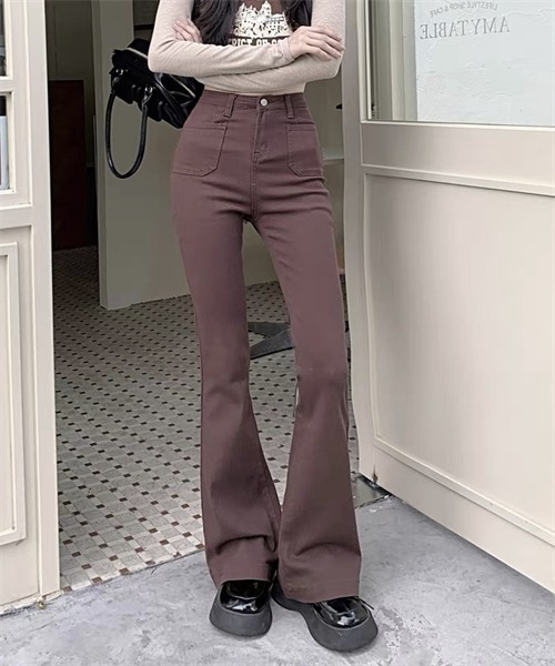 FREE STYLISTS(フリー スタイリスト)の「美脚デニムフレアパンツ(デニムパンツ・レディース・ブラウン・S/M/2XL/XL/L)」の8枚目の写真