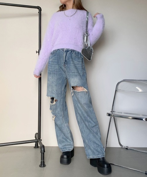 non-hedge（ノンヘッジ）の「シャギービジュプルオーバー（ニット/セーター・レディース・チャコールグレー/ラベンダー/オフホワイト/ベージュ・FREE）」の5枚目の写真