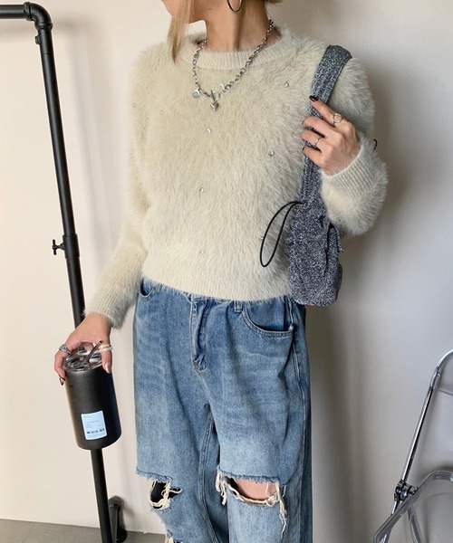 non-hedge（ノンヘッジ）の「シャギービジュプルオーバー（ニット/セーター・レディース・チャコールグレー/ラベンダー/オフホワイト/ベージュ・FREE）」の8枚目の写真
